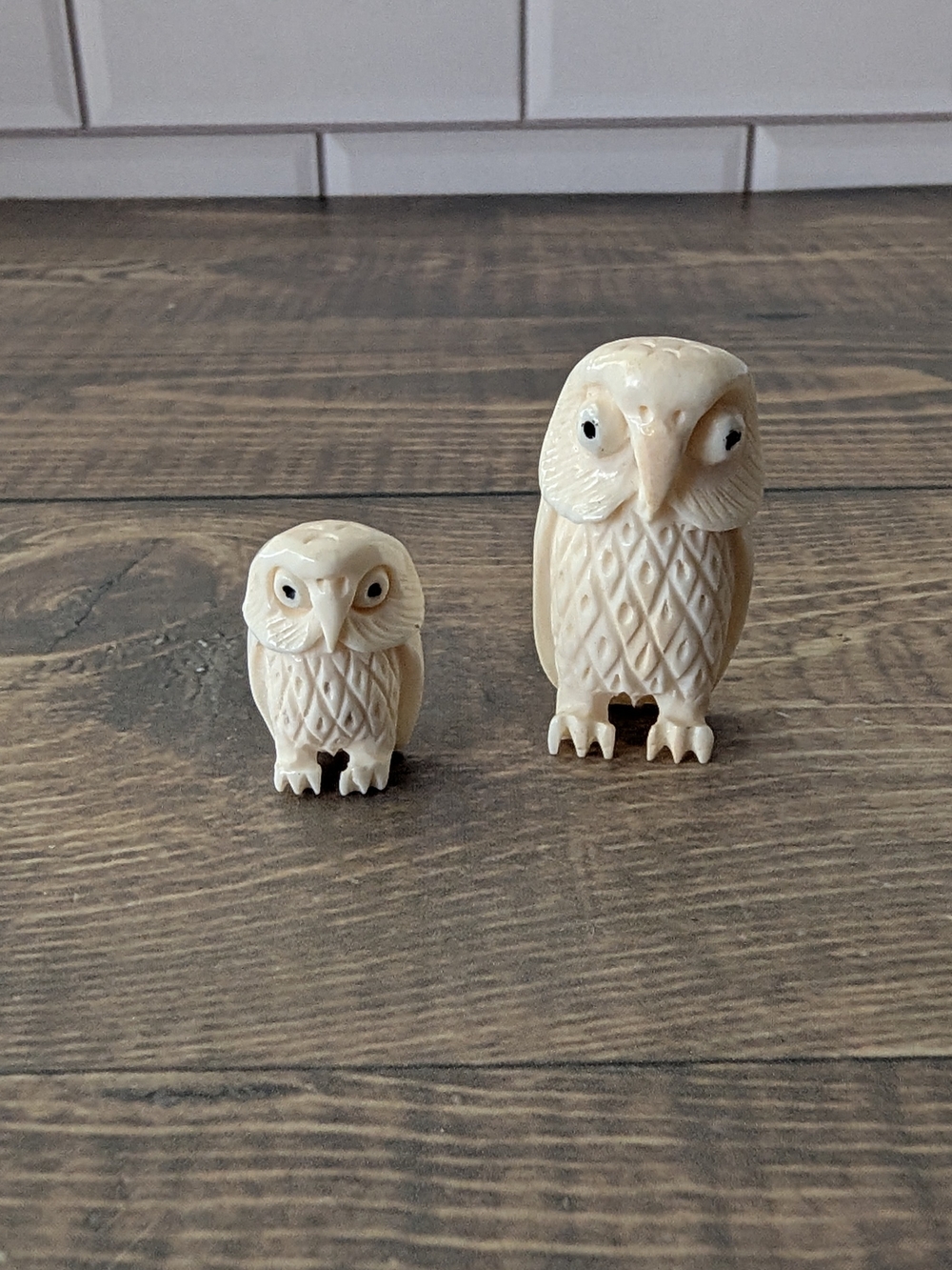 Vintage Hand Carved Ivory Owl Figurines Set of 2